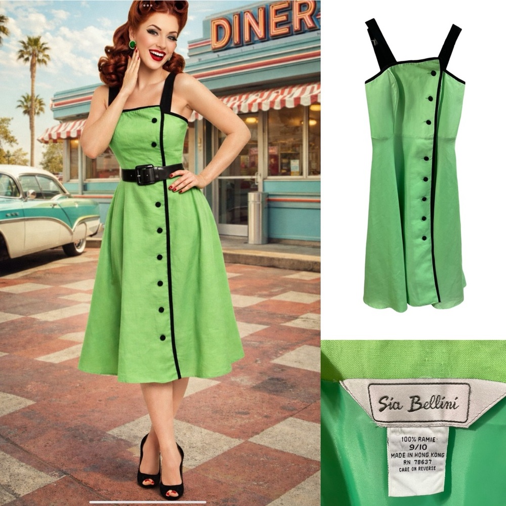 Vintage 90s Sia Bellini Green Ramie Button Front Dress | Mod Retro A-Line 9/10 - Picture 3 of 16